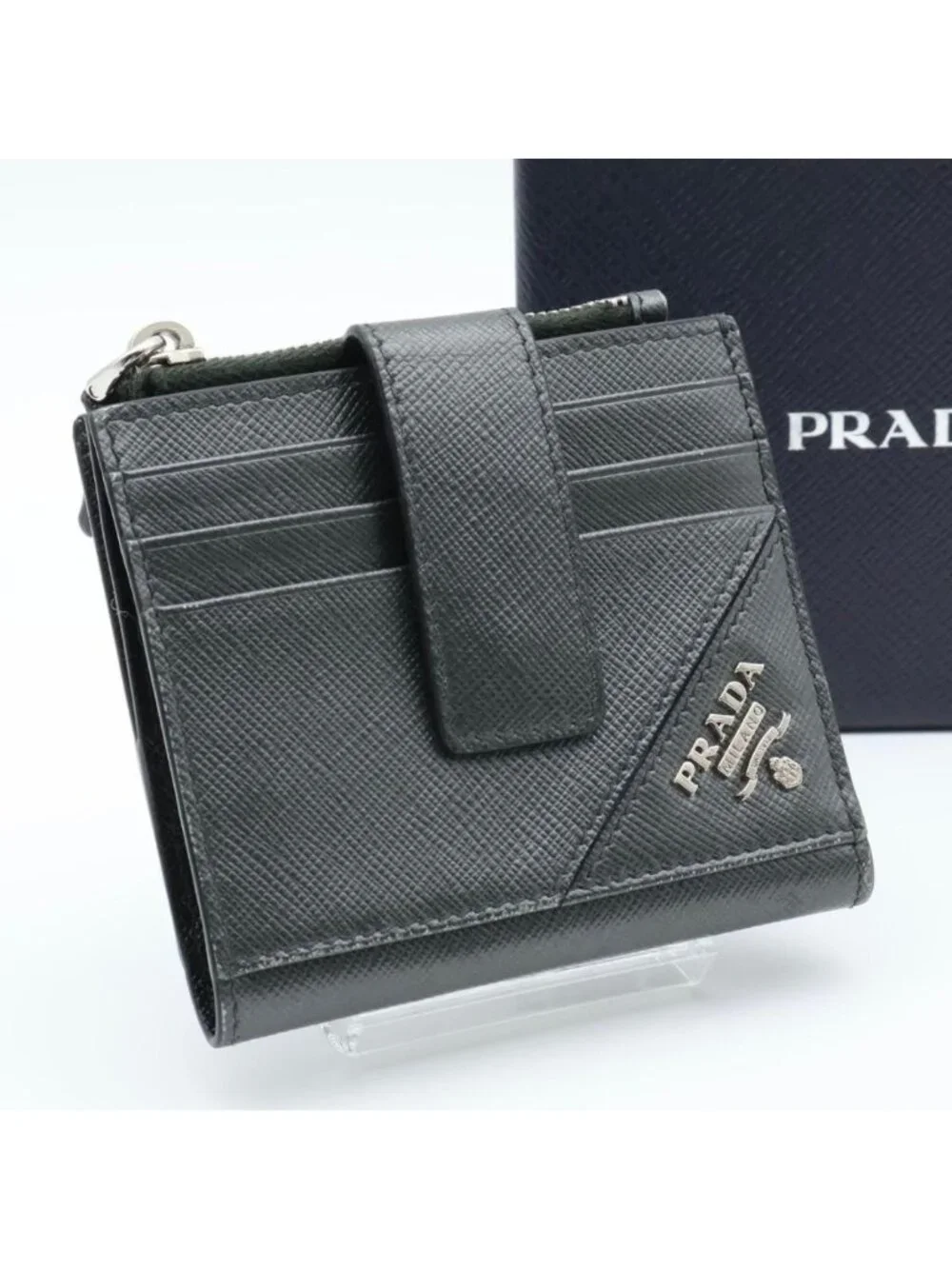 Prada Metal Logo Bifold Wallet Metallic Gray Black